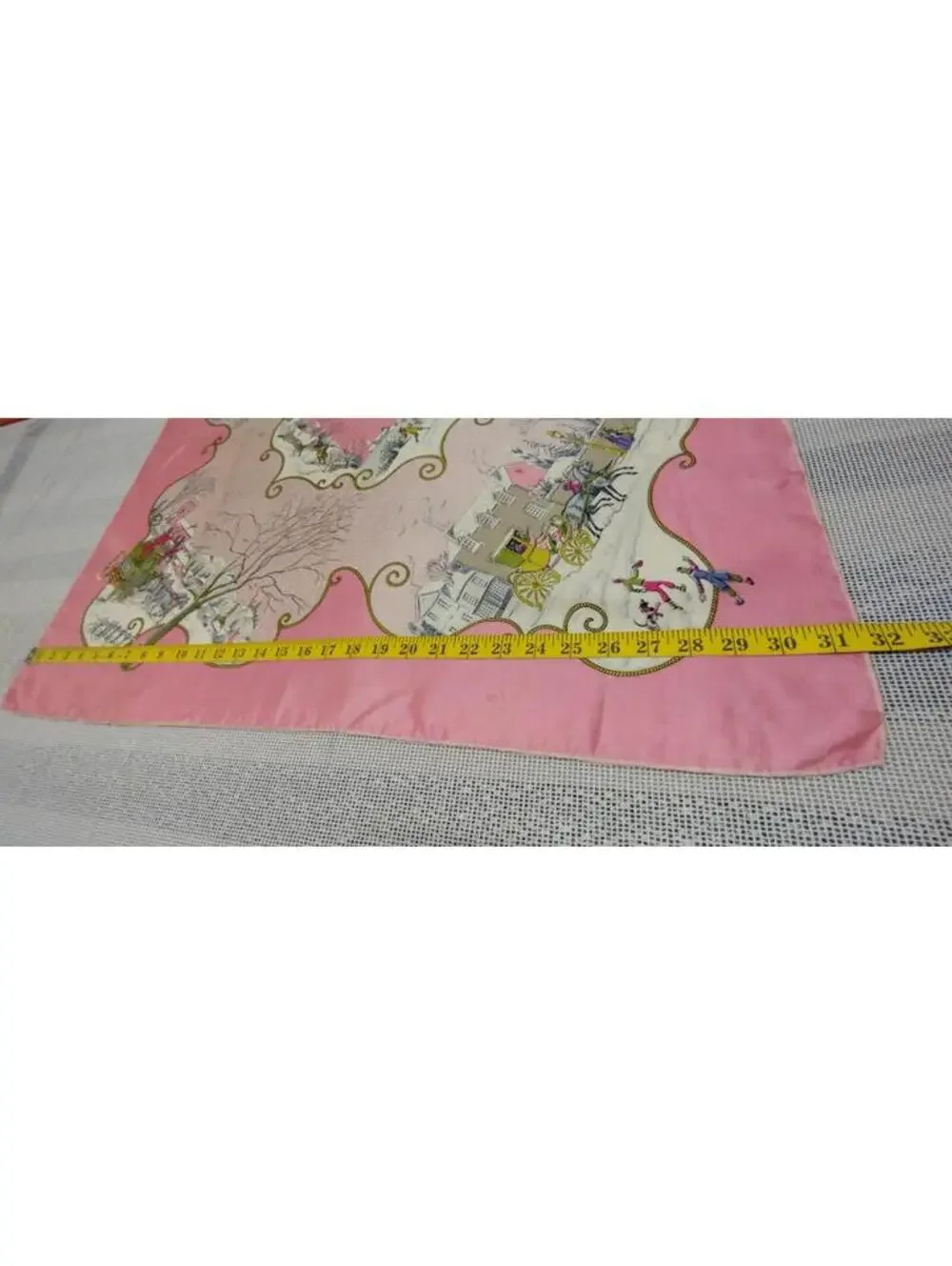 40s 50s Silk Pink Scarf CHRISTMAS WINTER SCENES Victorian Carriage Chartreuse